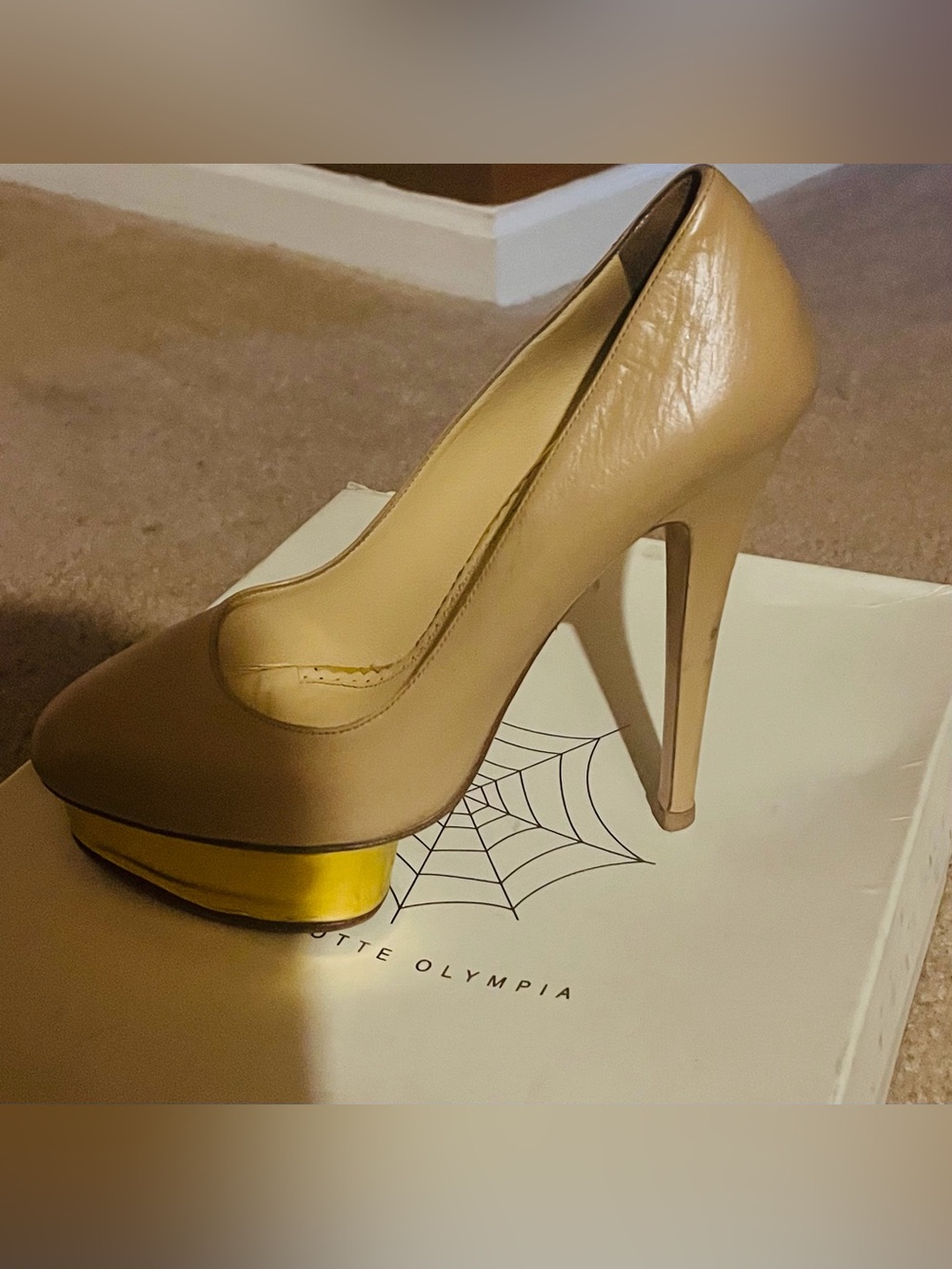 Charlotte Olympia Beige Patent Platform Pump with Gold Accent